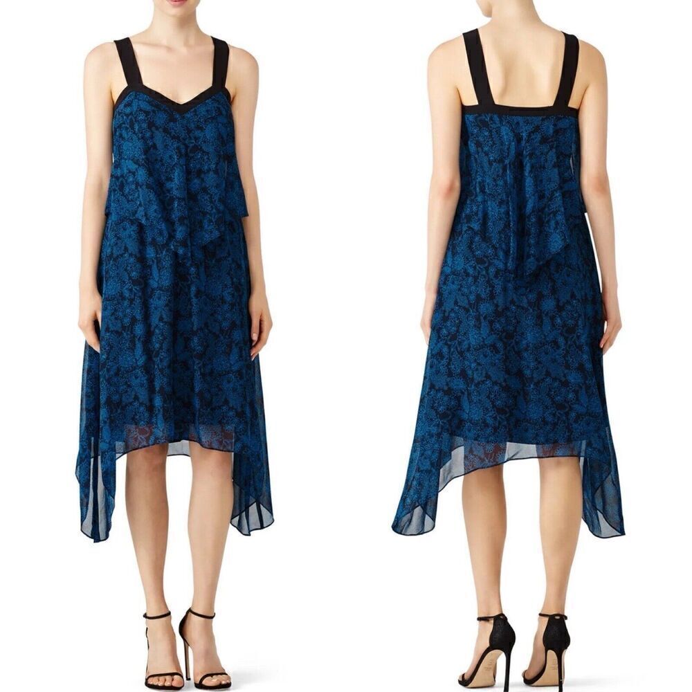 DEREK LAM 10 Crosby Dress Womens 2 Two Tier Cami Midi 100% Silk Blue Midnight